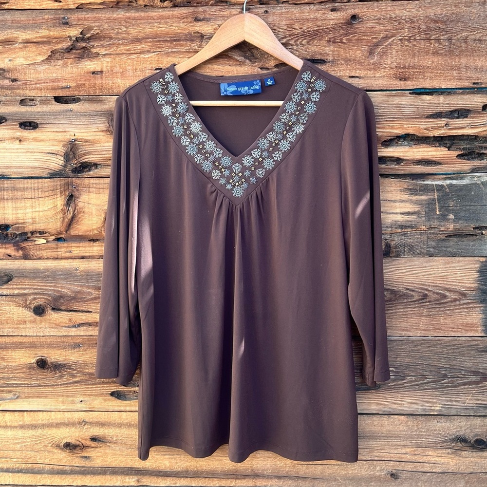 SUSAN GRAVER | Brown Embroidered Women's Top M